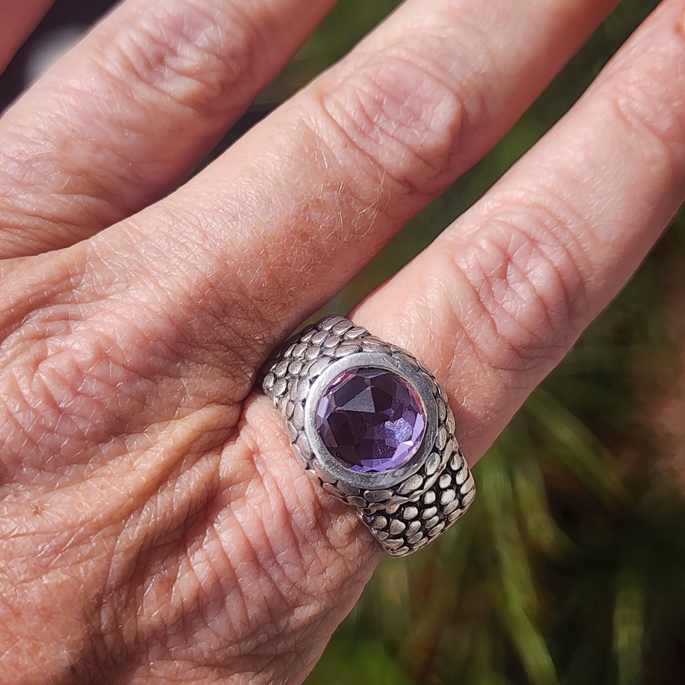 Sterling Silver Heavy Chunky Women's Ring Sz 11 Purple Gemstone Men's Snake Skin - Picture 5 of 11